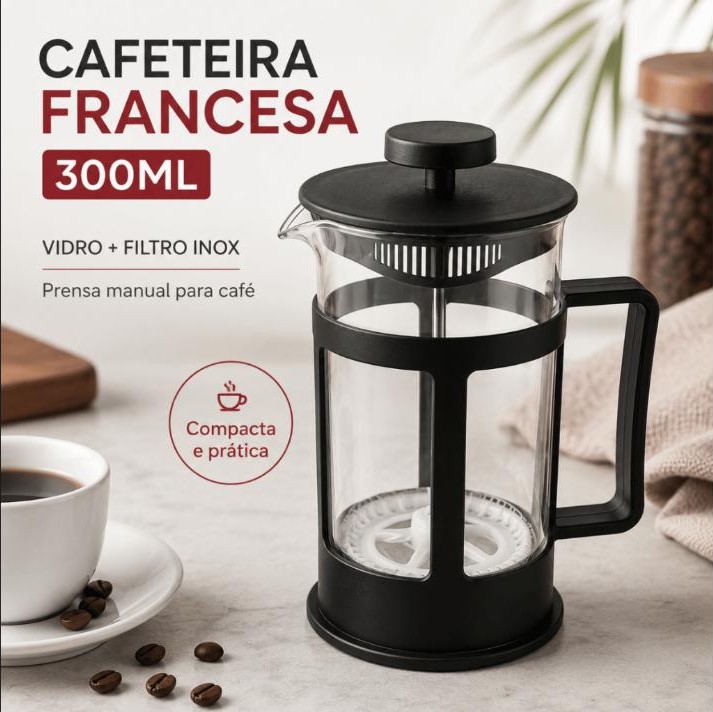 Cafeteira Francesa 300ml Vidro com Filtro Inox Art House Preta