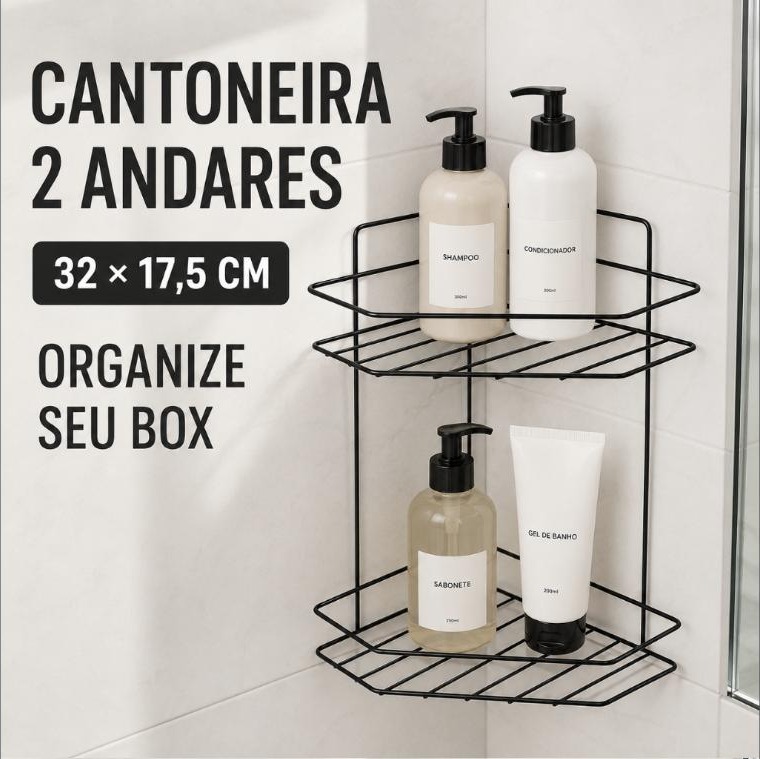 Cantoneira Porta Shampoo Canto Banheiro 2 Andares Preta Prateleira Box Aço 32x17,5cm
