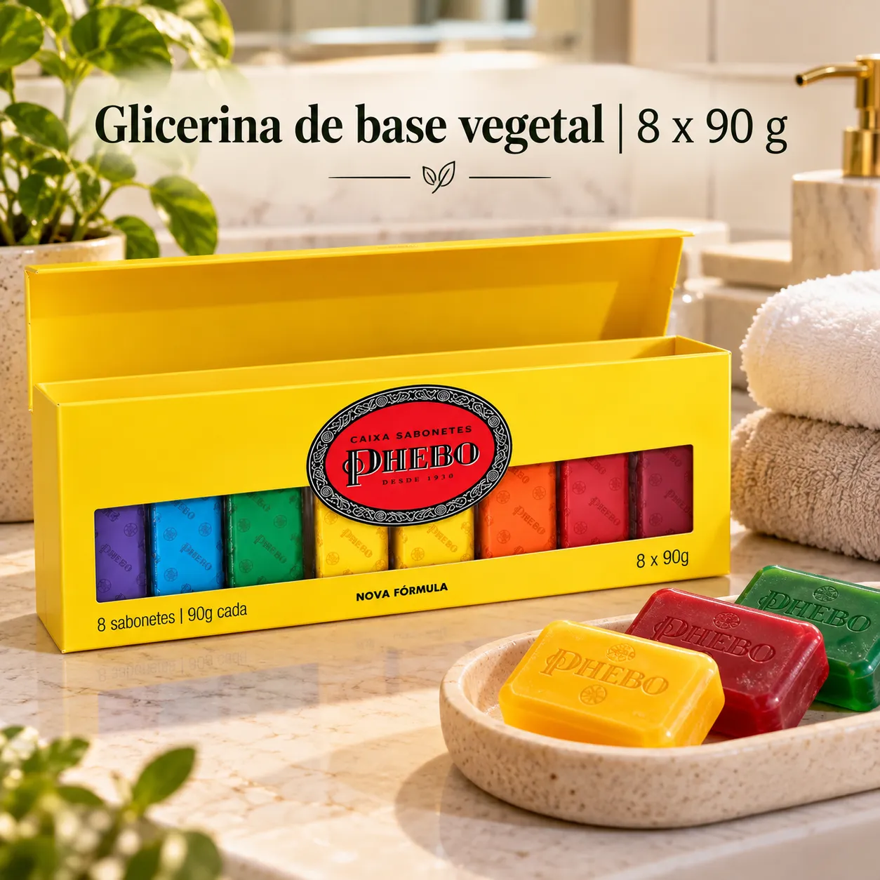 Caixa Presente Sabonete Phebo Amarela 8 Unidades 90g Glicerina Base Vegetal Kit Sabonete em Barra Perfumado Original