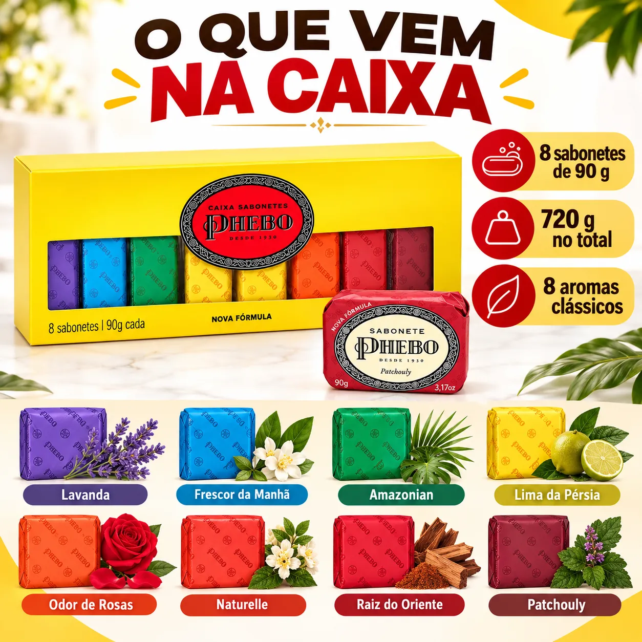 Caixa Presente Sabonete Phebo Amarela 8 Unidades 90g Glicerina Base Vegetal Kit Sabonete em Barra Perfumado Original
