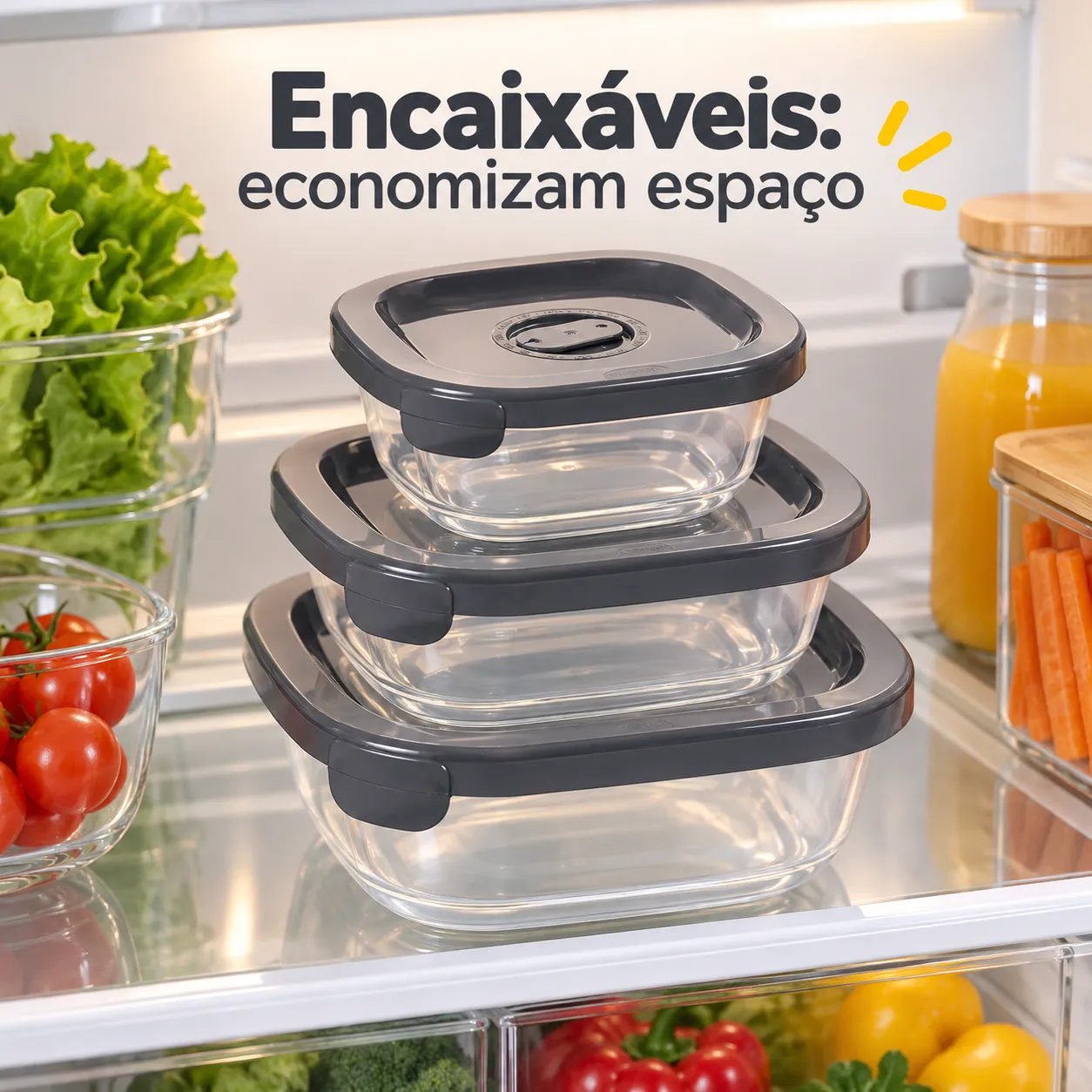 Kit 3 Potes Encaixáveis Lume com Válvula Datadora Plasútil Hermético Geladeira Freezer