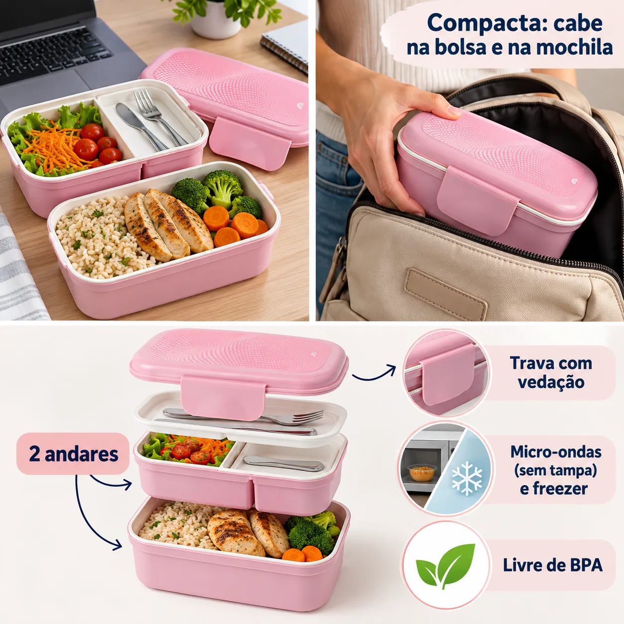 Marmita Bento Box 2 Andares com Porta Talheres Plasútil Rosa Hermética Micro-ondas