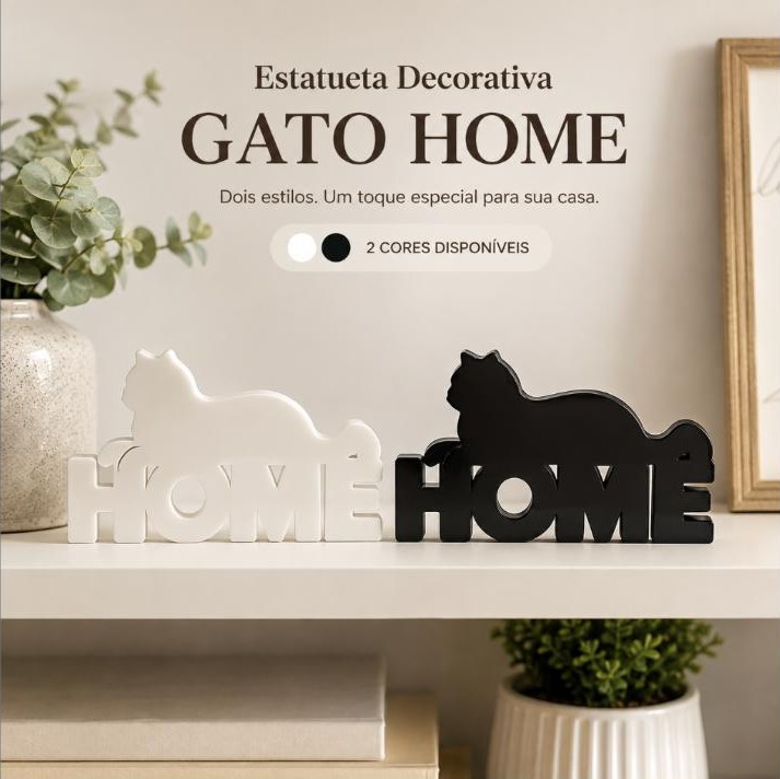 Enfeite Decorativo Gato HOME Branco para Estante Rack Aparador Decoração de Sala