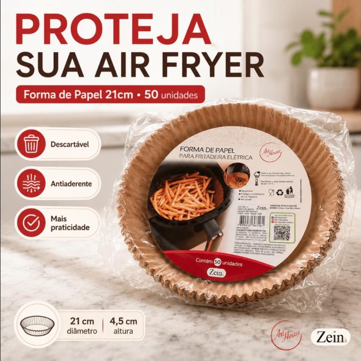 Forma De Papel Para Air Fryer 21cm Descartável Antiaderente 50 Unidades