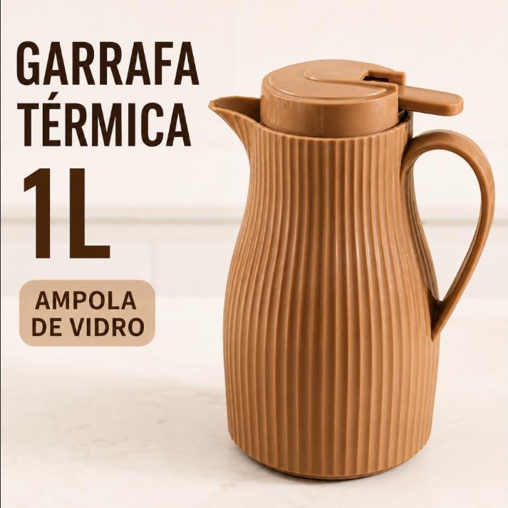 Garrafa Térmica 1 Litro Bule Canelado Bege Fendi Ampola de Vidro Alavanca Mesa Posta Café Chá