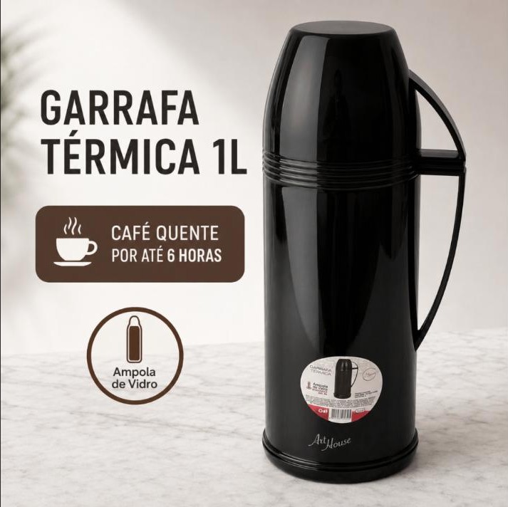 Garrafa Térmica 1 Litro Preta Com Ampola De Vidro Café Chá Art House