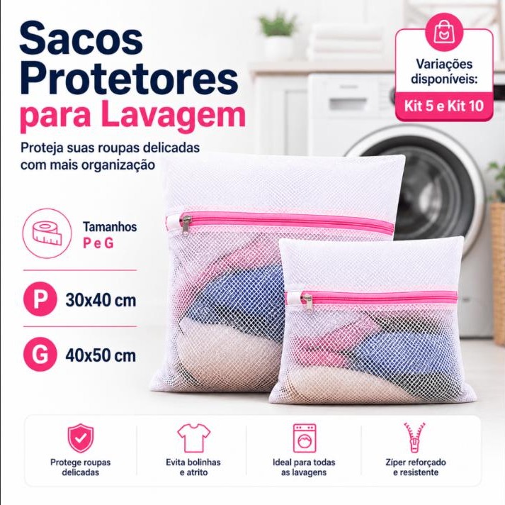 Kit 5 ou 10 Sacos Protetores para Lavar Roupas Delicadas na Máquina com Zíper P 30x40 G 40x50