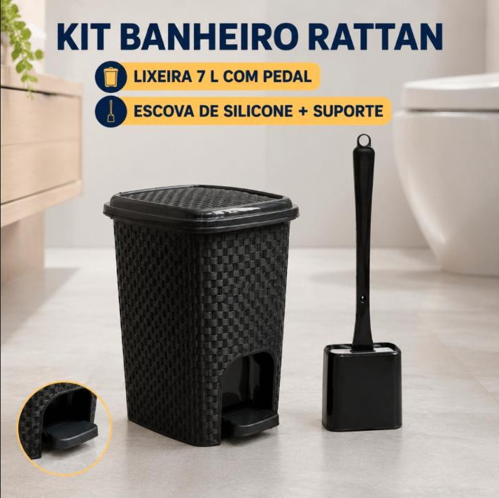 Kit Banheiro Rattan Preto Lixeira 7 Litros com Pedal + Escova Sanitária de Silicone com Suporte Arqplast