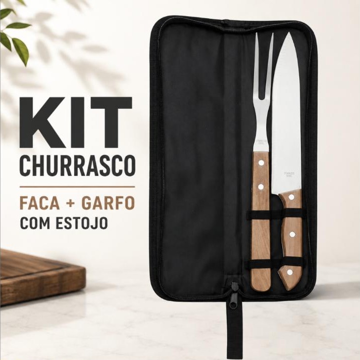 Kit Churrasco Faca Garfo Inox Cabo Madeira Com Estojo Churrasqueiro 2 Peças