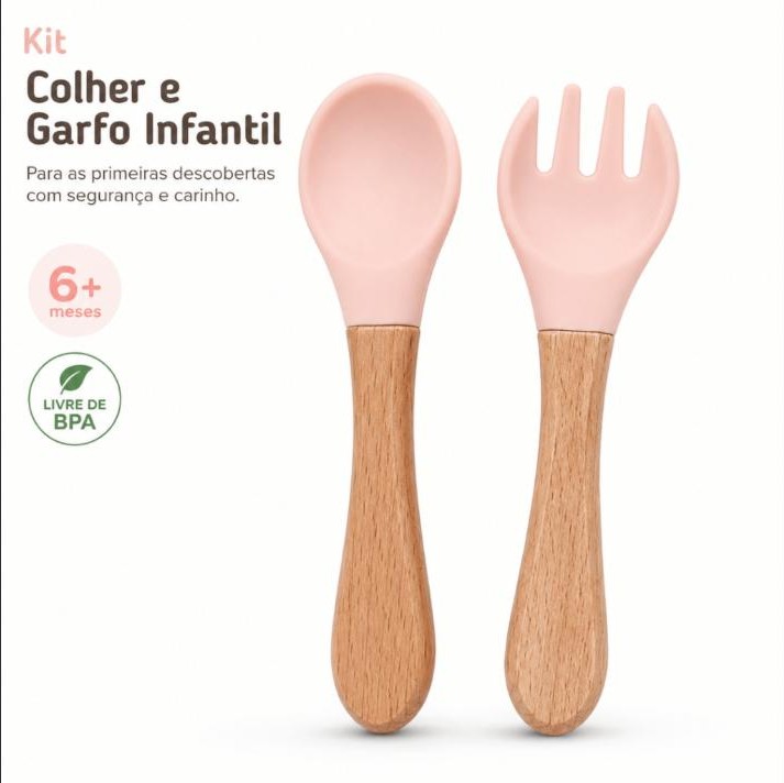 Kit Colher e Garfo Infantil de Silicone Cabo Madeira Rosa 6+ Meses Livre de BPA