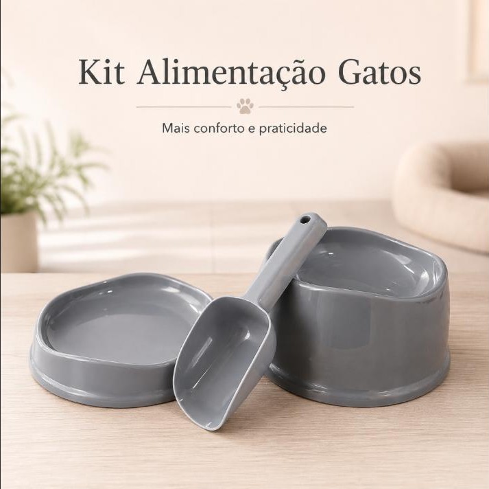 Kit Comedouro Elevado para Gatos 3 Peças Stark High Cinza Livre de BPA