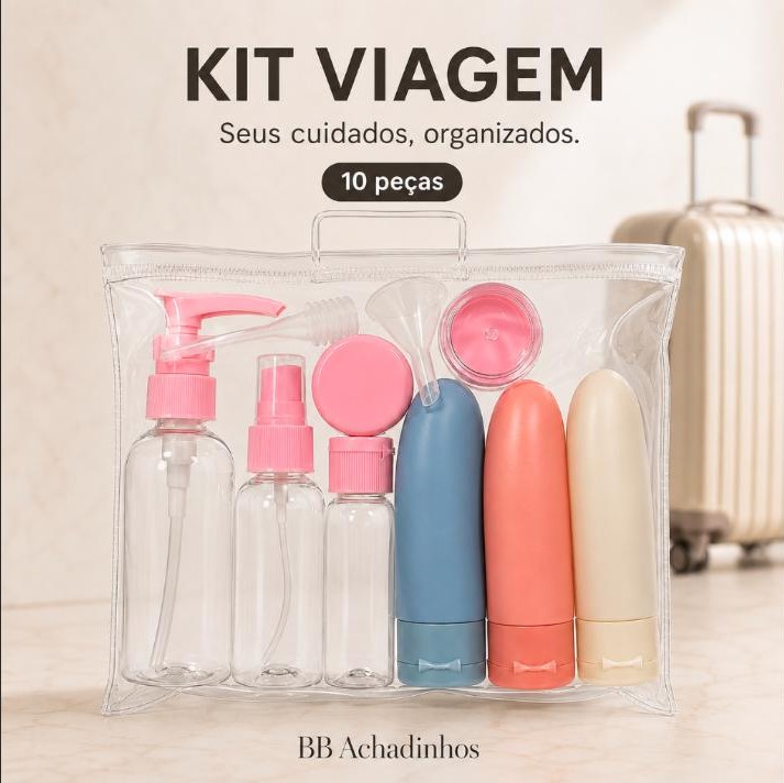Kit Frascos Organizadores 10 Peças com Necessaire Shampoo Creme Cosméticos Viagem Academia