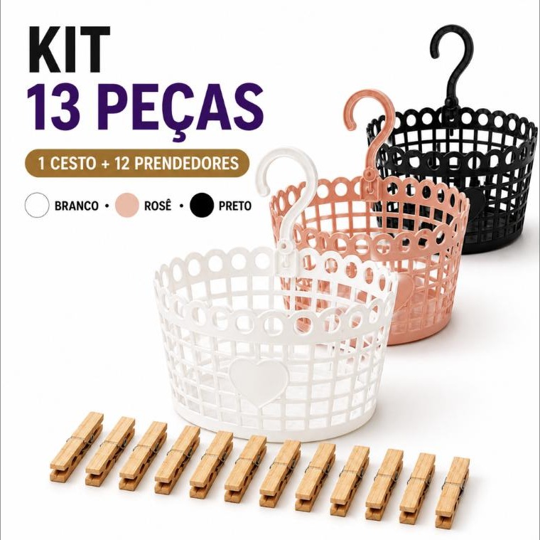 Kit Lavanderia 13 Peças Cesto Porta-Pregadores + 12 Prendedores de Madeira