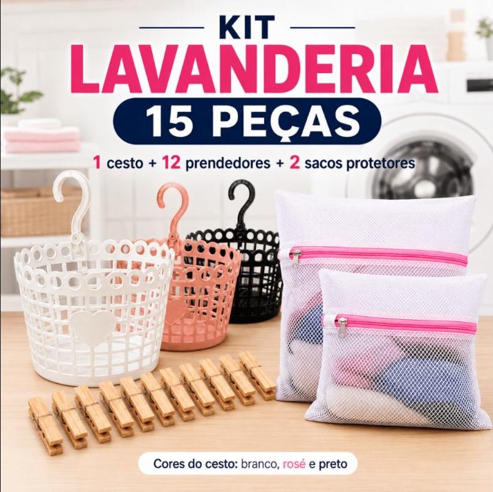 Kit Lavanderia 15 Peças Cesto Porta Prendedores + 12 Prendedores e 2 Sacos Protetores
