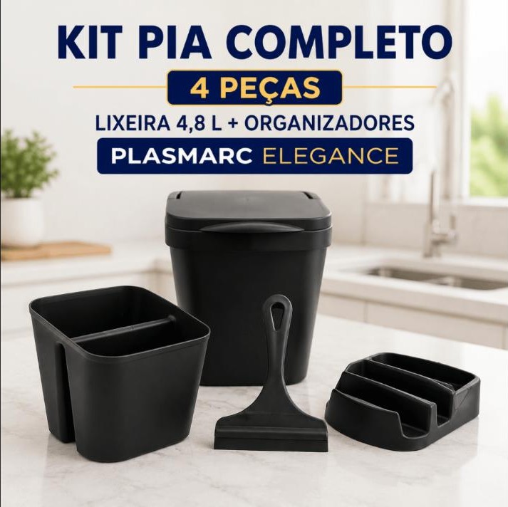 Kit Pia 4 Peças Preto Lixeira 4,8L Porta Detergente Rodinho e Escorredor