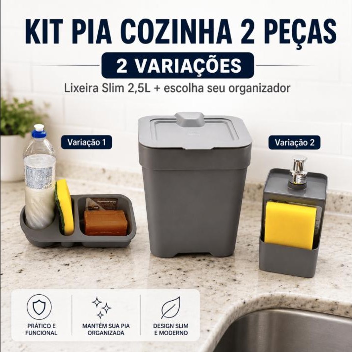 Kit Pia Cozinha Lixeira Slim 2,5L + Organizador 2 Peças Branco ou Cinza