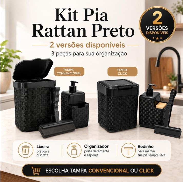 Kit Pia Rattan Preto 3 Peças Lixeira 5L + Porta Detergente Dosador + Rodinho de Pia Cozinha Arqplast