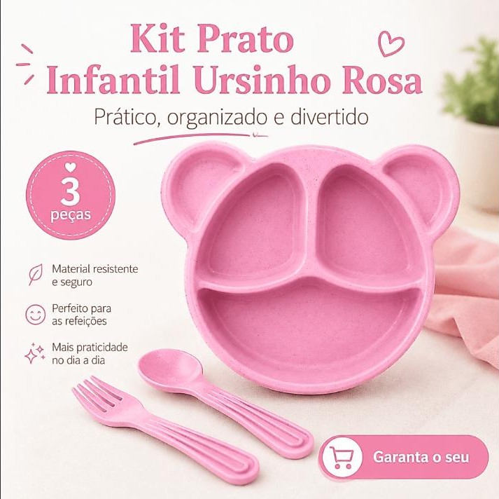 Kit Prato Infantil Ursinho Rosa Com Divisórias Colher E Garfo Home Presentes