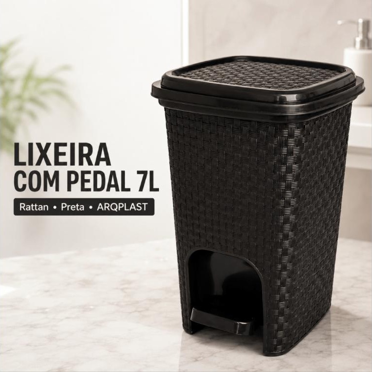 Lixeira 7L com Pedal Rattan Preta ARQPLAST Cozinha Banheiro Escritório Compacta