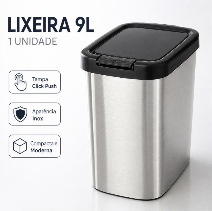 Lixeira 9 Litros Inox Com Tampa Click Push Arqplast Cozinha Banheiro Escritório Kit 1 ou 2 Unidades