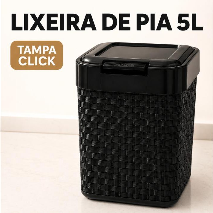Lixeira de Pia 5L com Tampa Click Rattan Preta Compacta Cozinha Banheiro ARQPLAST