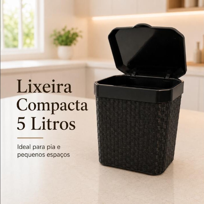 Lixeira de Pia 5L Rattan Preta com Tampa Compacta para Cozinha Banheiro Escritório