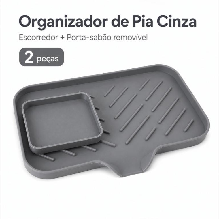 Organizador de Pia em Silicone Cinza Porta Detergente Sabão e Esponja