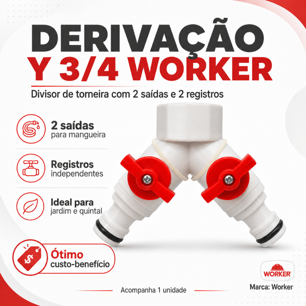 Torneira Y 3/4 Worker com 2 Saídas e Registros para Mangueira Kit 1, 2 ou 3 — 01 Torneira Y