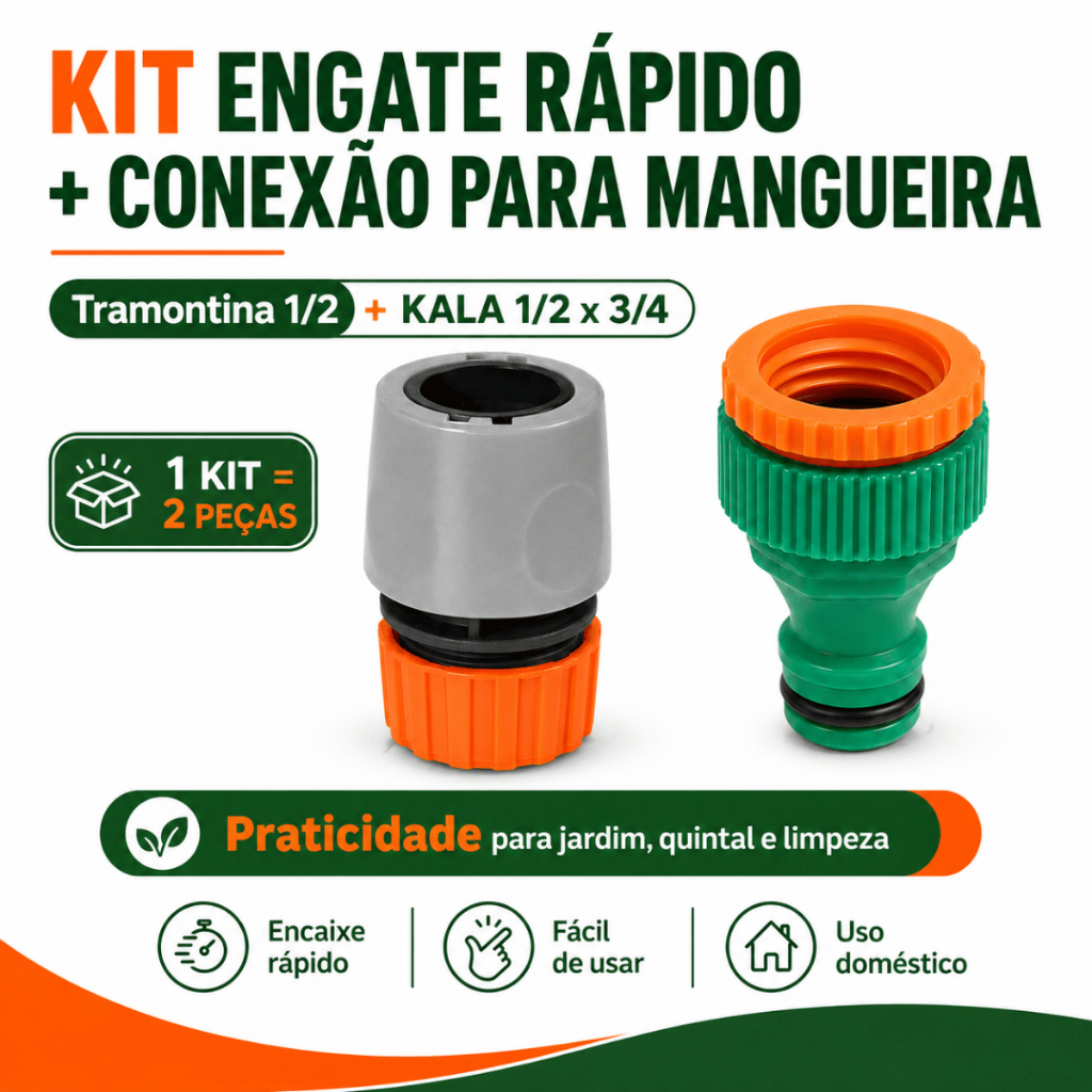 Kit Engate Rápido Tramontina 1/2 + Conector Kala 1/2 x 3/4 para Mangueira — 02 Kit Conexão Mangueira