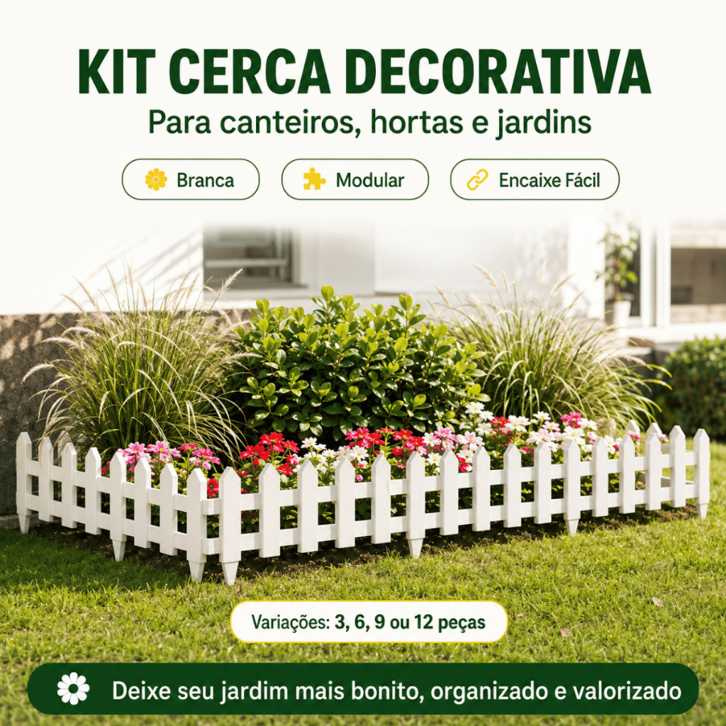Kit Cerca Decorativa Jardim Canteiro Horta Modular Branca 3, 6, 9, 12 Peças ou Marrom 3 Peças — 06 Cercas Brancas