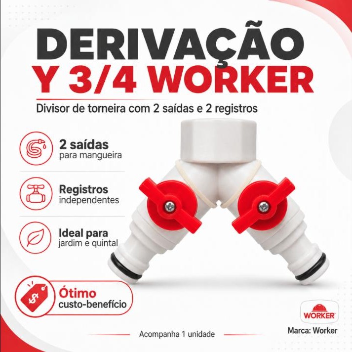 Torneira Y 3/4 Worker com 2 Saídas e Registros para Mangueira Kit 1, 2 ou 3